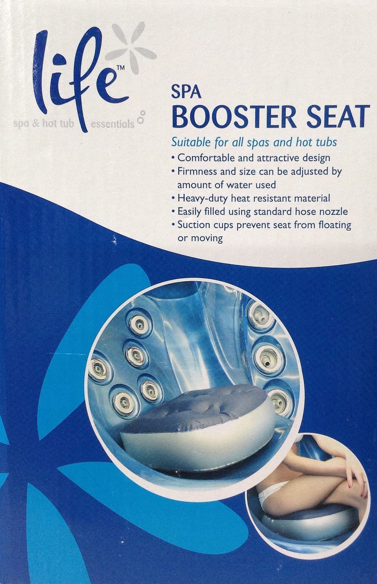 A booster seat designed for use in spas and hot tubs, featuring a comfortable design with adjustment features and suction cups for stability.