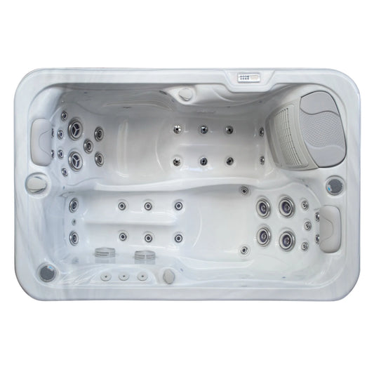 Top view of IOS690 2-person compact spa pool showing jet positioning.