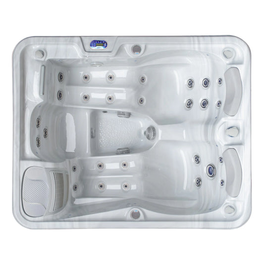 Top view image of the IOS700 3-person spa pool with lounge and upright seating, multiple jets and digital control panel.
