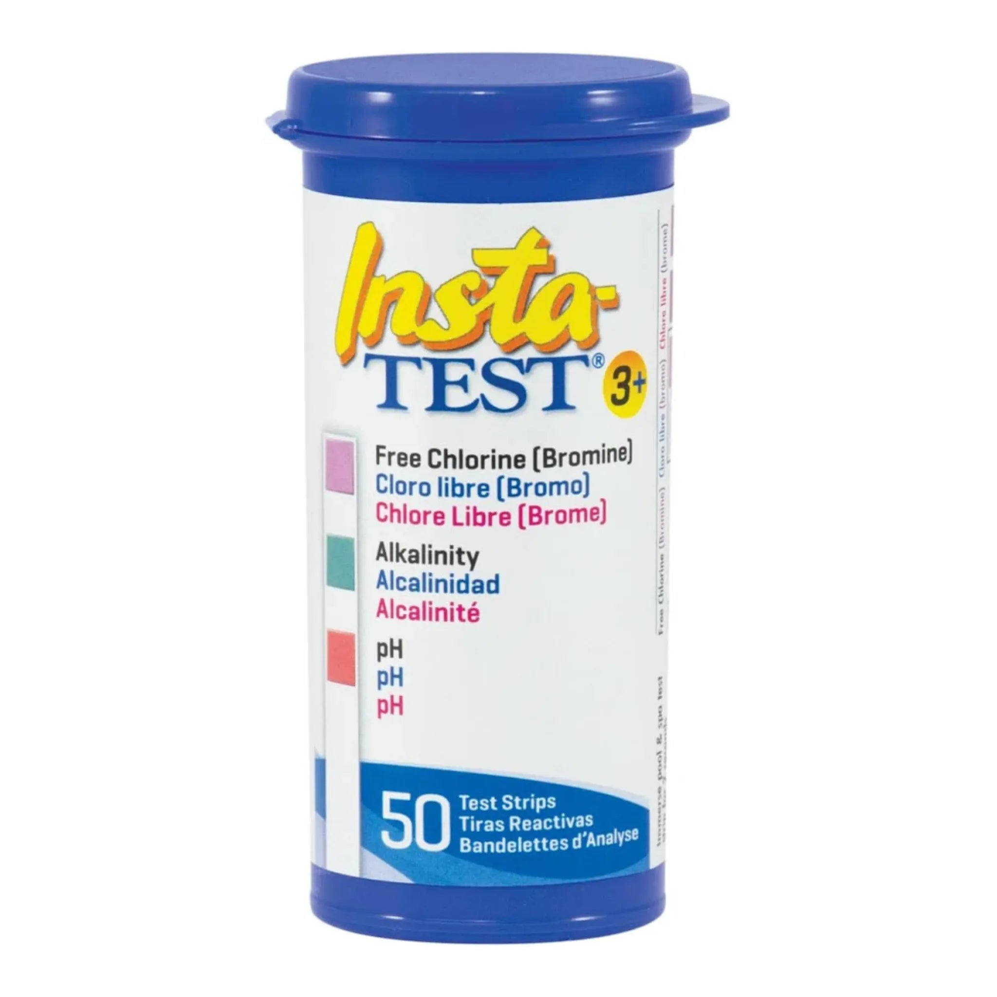 A package of Insta-Test 3 in 1 test strips for spa water testing, with colour-coded areas indicating pH, alkalinity, and chlorine levels.
