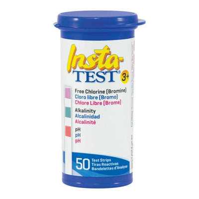 A package of Insta-Test 3 in 1 test strips for spa water testing, with colour-coded areas indicating pH, alkalinity, and chlorine levels.