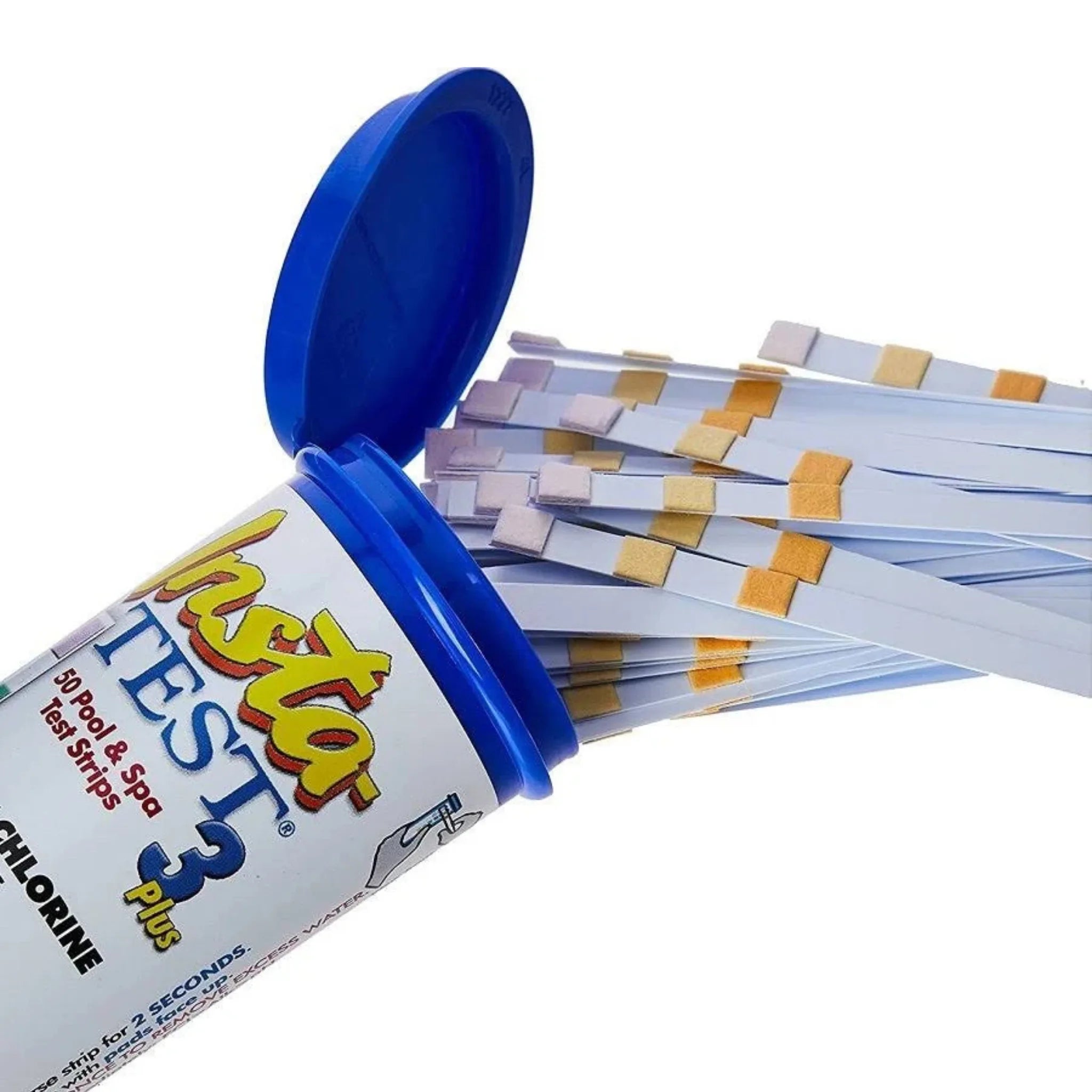 Open container of Insta TEST 3 Plus pool test strips on a white background