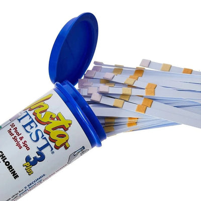 Open container of Insta TEST 3 Plus pool test strips on a white background
