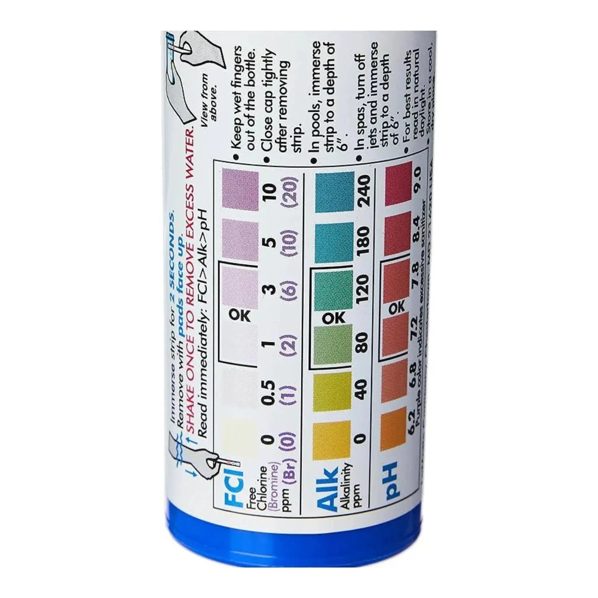 Back of InstaTest container with water quality test strip with colour chart on a white background
