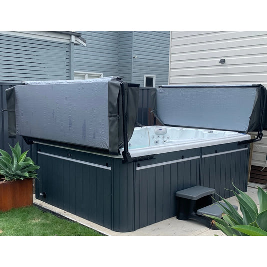 Ezy Lifter cabinet mount spa cover holder shown in open position.