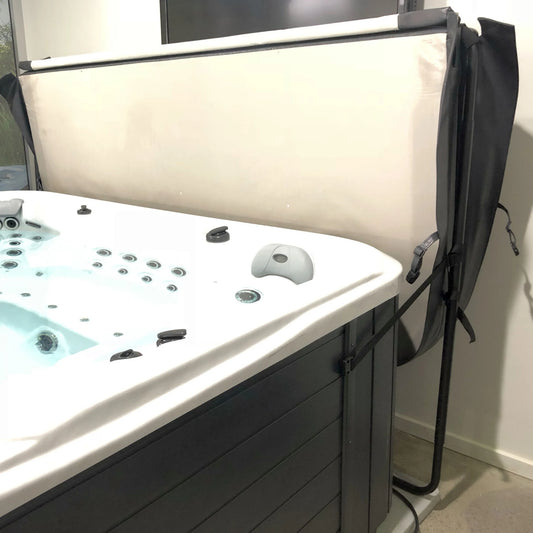 Ezy lifter shown in operation, stores spa cover off the spa and out of the way.
