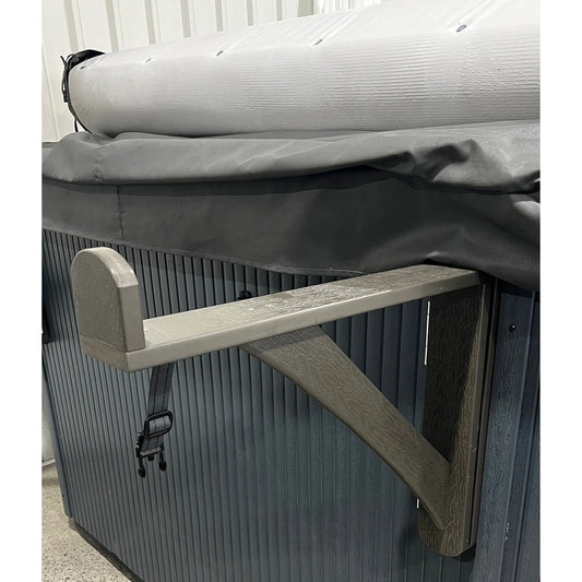 Rolling spa cover bracket cabinet mount, shown in open position.