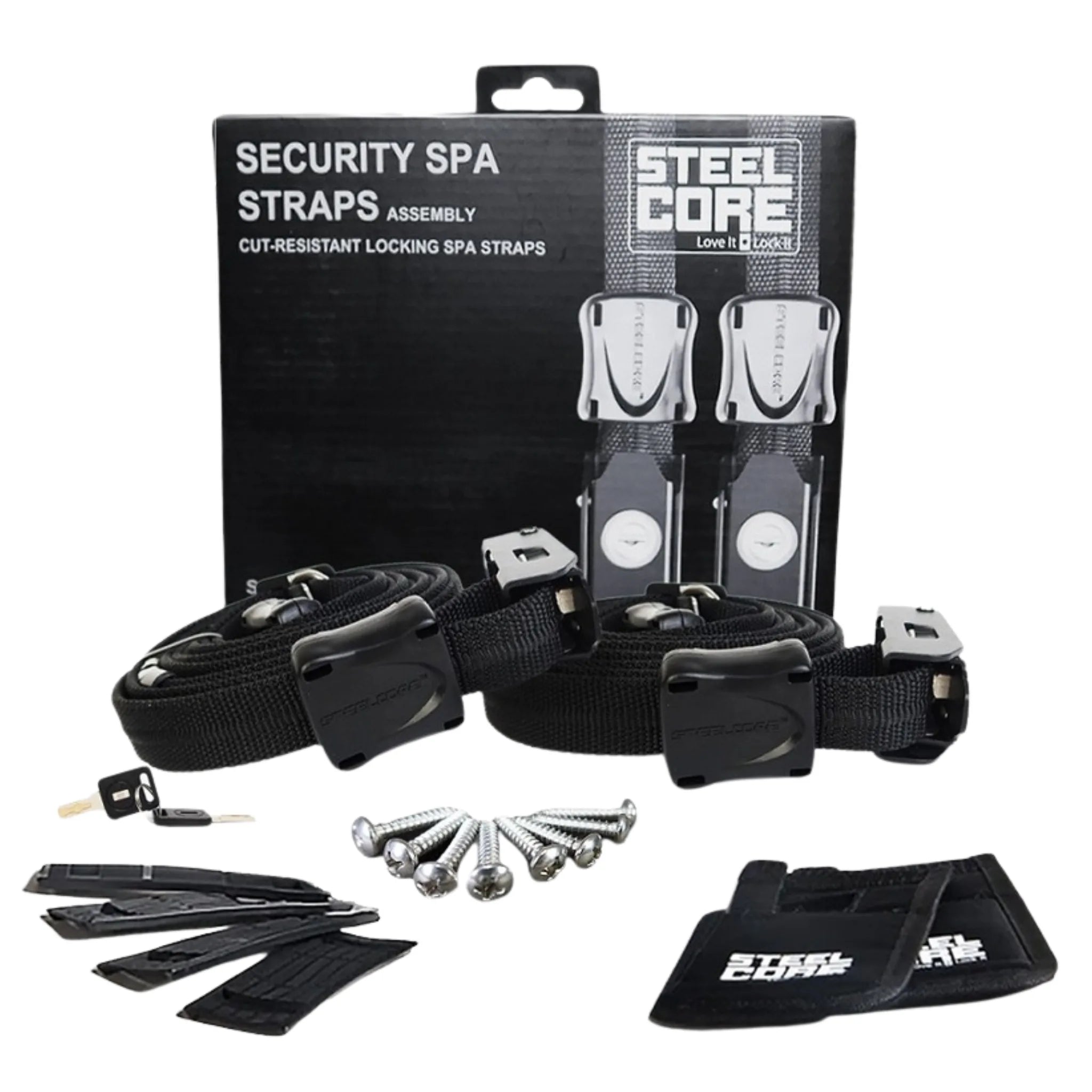 Security spa straps assembly with packaging on a white background